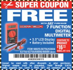 Harbor Freight FREE Coupon 7 FUNCTION DIGITAL MULTIMETER Lot No. 30756 Expired: 5/4/19 - FWP