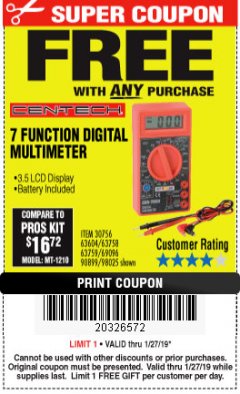 Harbor Freight FREE Coupon 7 FUNCTION DIGITAL MULTIMETER Lot No. 30756 Expired: 1/27/19 - FWP