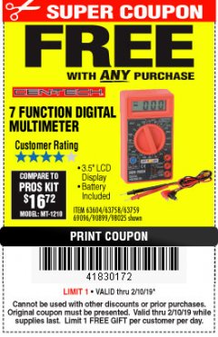 Harbor Freight FREE Coupon 7 FUNCTION DIGITAL MULTIMETER Lot No. 30756 Expired: 2/10/19 - FWP