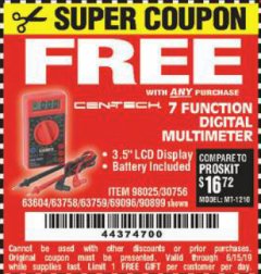 Harbor Freight FREE Coupon 7 FUNCTION DIGITAL MULTIMETER Lot No. 30756 Expired: 6/15/19 - FWP