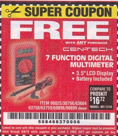 Harbor Freight FREE Coupon 7 FUNCTION DIGITAL MULTIMETER Lot No. 30756 Expired: 8/8/19 - FWP
