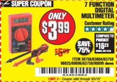 Harbor Freight Coupon 7 FUNCTION DIGITAL MULTIMETER Lot No. 30756 Expired: 9/5/19 - $3.99