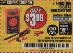 Harbor Freight Coupon 7 FUNCTION DIGITAL MULTIMETER Lot No. 30756 Expired: 9/5/19 - $3.99