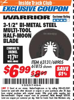Harbor Freight ITC Coupon 3-1/2" HIGH SPEED STEEL MULTI-TOOL HALF-MOON BLADE Lot No. 61815/68905 Expired: 5/31/18 - $6.99