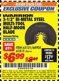 Harbor Freight ITC Coupon 3-1/2" HIGH SPEED STEEL MULTI-TOOL HALF-MOON BLADE Lot No. 61815/68905 Expired: 8/31/18 - $6.99