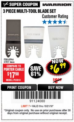 Harbor Freight Coupon 3 PIECE MULTI-TOOL BLADE SET Lot No. 61827/65979/68966 Expired: 10/21/18 - $6.99