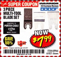 Harbor Freight Coupon 3 PIECE MULTI-TOOL BLADE SET Lot No. 61827/65979/68966 Expired: 3/31/20 - $7.99