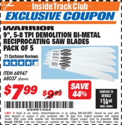 Harbor Freight ITC Coupon 5 PIECE, 9" 5-8 TPI DEMOLITION BI-METAL RECIPROCATING SAW BLADES Lot No. 68037/68947 Expired: 3/31/19 - $7.99