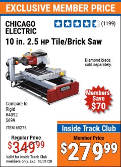 Harbor Freight ITC Coupon 2.5 HP, 10" TILE/BRICK SAW Lot No. 69275/62391/95385 Expired: 10/31/20 - $279.99