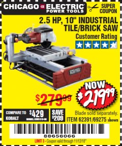 Harbor Freight Coupon 2.5 HP, 10" TILE/BRICK SAW Lot No. 69275/62391/95385 Expired: 11/12/18 - $219.99