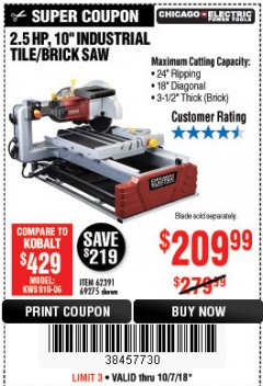 Harbor Freight Coupon 2.5 HP, 10" TILE/BRICK SAW Lot No. 69275/62391/95385 Expired: 10/7/18 - $209.99