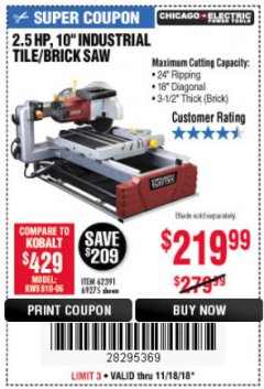Harbor Freight Coupon 2.5 HP, 10" TILE/BRICK SAW Lot No. 69275/62391/95385 Expired: 11/18/18 - $219.99