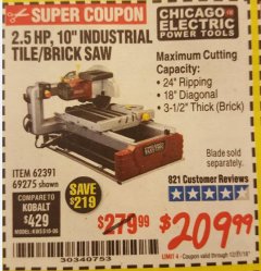 Harbor Freight Coupon 2.5 HP, 10" TILE/BRICK SAW Lot No. 69275/62391/95385 Expired: 12/31/18 - $209.99