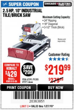 Harbor Freight Coupon 2.5 HP, 10" TILE/BRICK SAW Lot No. 69275/62391/95385 Expired: 1/27/19 - $219.99