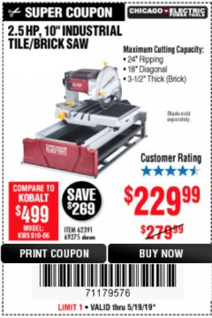 Harbor Freight Coupon 2.5 HP, 10" TILE/BRICK SAW Lot No. 69275/62391/95385 Expired: 5/19/19 - $229.99
