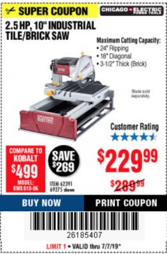 Harbor Freight Coupon 2.5 HP, 10" TILE/BRICK SAW Lot No. 69275/62391/95385 Expired: 7/7/19 - $229.99