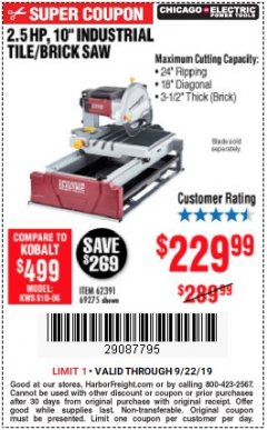 Harbor Freight Coupon 2.5 HP, 10" TILE/BRICK SAW Lot No. 69275/62391/95385 Expired: 9/22/19 - $229.99
