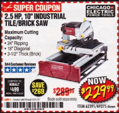 Harbor Freight Coupon 2.5 HP, 10" TILE/BRICK SAW Lot No. 69275/62391/95385 Expired: 8/31/19 - $229.99