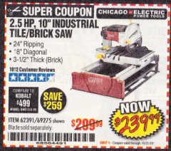 Harbor Freight Coupon 2.5 HP, 10" TILE/BRICK SAW Lot No. 69275/62391/95385 Expired: 10/31/19 - $239.99