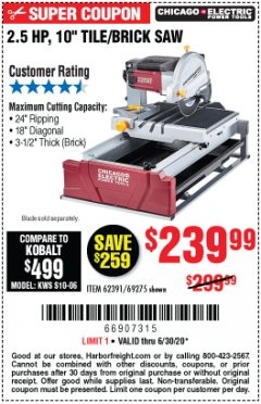 Harbor Freight Coupon 2.5 HP, 10" TILE/BRICK SAW Lot No. 69275/62391/95385 Expired: 6/30/20 - $239.99