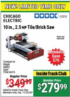 Harbor Freight Coupon 2.5 HP, 10" TILE/BRICK SAW Lot No. 69275/62391/95385 Expired: 11/25/20 - $279.99