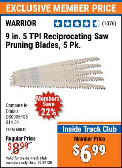 Harbor Freight ITC Coupon 5 PIECE, 9" 4-5 TPI RECIPROCATING SAW PRUNING BLADES Lot No. 62219/68040/68946 Expired: 10/31/20 - $6.99