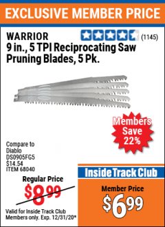 Harbor Freight ITC Coupon 5 PIECE, 9" 4-5 TPI RECIPROCATING SAW PRUNING BLADES Lot No. 62219/68040/68946 Expired: 12/31/20 - $6.99
