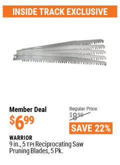 Harbor Freight ITC Coupon 5 PIECE, 9" 4-5 TPI RECIPROCATING SAW PRUNING BLADES Lot No. 62219/68040/68946 Expired: 4/29/21 - $6.99