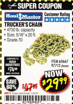 Harbor Freight Coupon 5/16" x 20 FT. GRADE 70 TRUCKER'S CHAIN Lot No. 60667/97712 Expired: 11/30/18 - $29.99