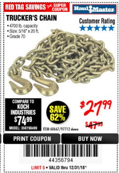 Harbor Freight Coupon 5/16" x 20 FT. GRADE 70 TRUCKER'S CHAIN Lot No. 60667/97712 Expired: 12/31/18 - $27.99