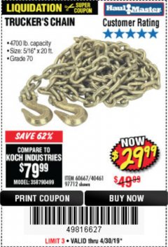 Harbor Freight Coupon 5/16" x 20 FT. GRADE 70 TRUCKER'S CHAIN Lot No. 60667/97712 Expired: 4/30/19 - $29.99