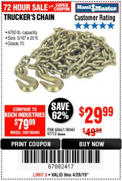 Harbor Freight Coupon 5/16" x 20 FT. GRADE 70 TRUCKER'S CHAIN Lot No. 60667/97712 Expired: 4/28/19 - $29.99