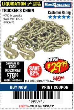 Harbor Freight Coupon 5/16" x 20 FT. GRADE 70 TRUCKER'S CHAIN Lot No. 60667/97712 Expired: 10/31/19 - $29.99