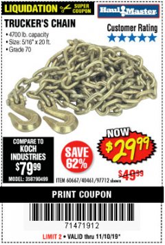 Harbor Freight Coupon 5/16" x 20 FT. GRADE 70 TRUCKER'S CHAIN Lot No. 60667/97712 Expired: 11/10/19 - $29.99