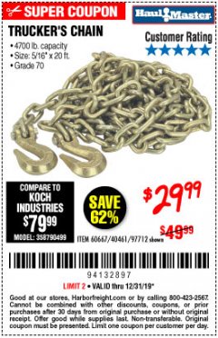 Harbor Freight Coupon 5/16" x 20 FT. GRADE 70 TRUCKER'S CHAIN Lot No. 60667/97712 Expired: 12/31/19 - $29.99