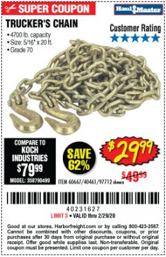 Harbor Freight Coupon 5/16" x 20 FT. GRADE 70 TRUCKER'S CHAIN Lot No. 60667/97712 Expired: 1/29/20 - $29.99