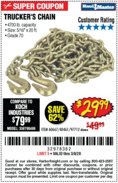 Harbor Freight Coupon 5/16" x 20 FT. GRADE 70 TRUCKER'S CHAIN Lot No. 60667/97712 Expired: 3/8/20 - $29.99