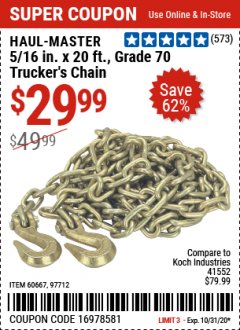 Harbor Freight Coupon 5/16" x 20 FT. GRADE 70 TRUCKER'S CHAIN Lot No. 60667/97712 Expired: 10/31/20 - $29.99