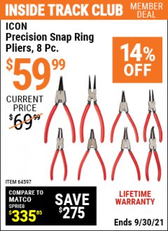 Harbor Freight ITC Coupon ICON PRECISION SNAP RING PLIERS, 8-PIECE Lot No. 64597 Expired: 9/30/21 - $59.99