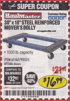 Harbor Freight Coupon 30" x 18" STEEL REINFORCED MOVER'S DOLLY Lot No. 61167/69566/93525 Expired: 6/30/18 - $16.99