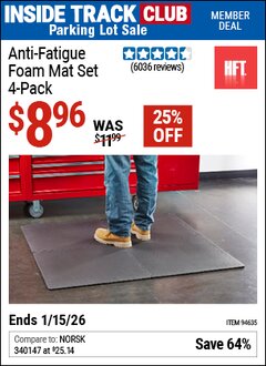 Harbor Freight ITC Coupon HFT ANTI-FATIGUE FOAM MAT SET, 4-PACK Lot No. 94635 Expired: 1/15/26 - $8.96