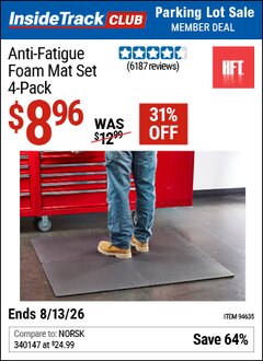 Harbor Freight Coupon HFT ANTI-FATIGUE FOAM MAT SET, 4-PACK Lot No. 94635 Valid: 12/31/69 - 8/13/26 - $8.96