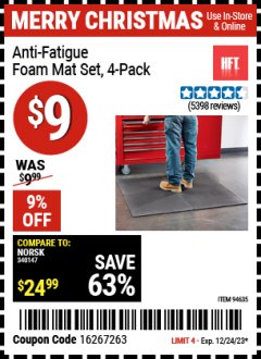 Harbor Freight Coupon HFT ANTI-FATIGUE FOAM MAT SET, 4-PACK Lot No. 94635 Expired: 12/24/23 - $9