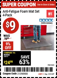 Harbor Freight Coupon HFT ANTI-FATIGUE FOAM MAT SET, 4-PACK Lot No. 94635 Expired: 1/21/24 - $9