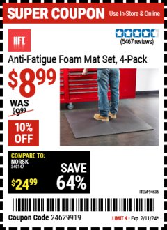 Harbor Freight Coupon 4 PIECE ANTI-FATIGUE FOAM MAT SET Lot No. 94635/61607/40187/62389 Expired: 2/11/24 - $8.99