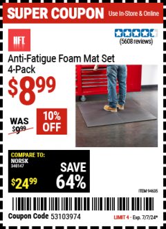 Harbor Freight Coupon HFT ANTI-FATIGUE FOAM MAT SET, 4-PACK Lot No. 94635 Expired: 7/7/24 - $8.99