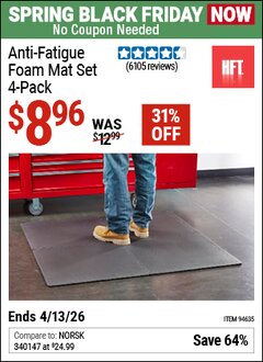 Harbor Freight Coupon HFT ANTI-FATIGUE FOAM MAT SET, 4-PACK Lot No. 94635 Valid Thru: 4/12/26 - $8.96