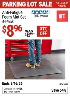 Harbor Freight Coupon HFT ANTI-FATIGUE FOAM MAT SET, 4-PACK Lot No. 94635 EXPIRES: 8/16/26 - $8.96