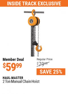 Harbor Freight Coupon 2 TON MANUAL CHAIN HOIST Lot No. 631/60719 Expired: 7/1/21 - $59.99