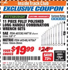 Harbor Freight ITC Coupon 11 PIECE FULLY POLISHED LONG HANDLE COMBINATION WRENCH SETS Lot No. 44718/60538/47067/60548 Expired: 6/30/18 - $19.99